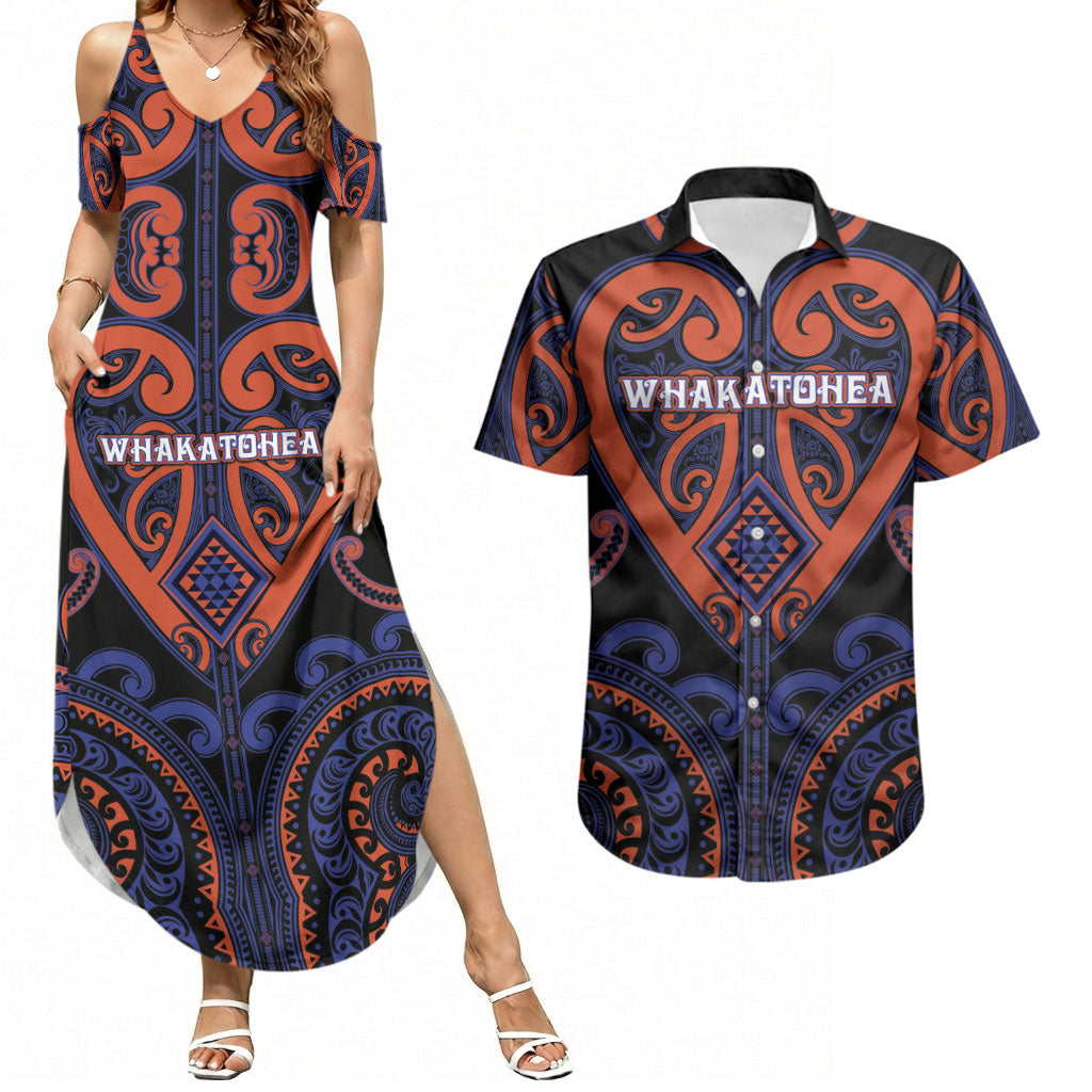 Custom Aotearoa Whakatohea Couples Matching Summer Maxi Dress and Hawaiian Shirt Maori Tribal Pattern LT05 Navy - Polynesian Pride