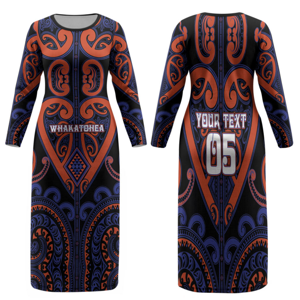 Custom Aotearoa Whakatohea Family Matching Long Sleeve Bodycon Dress and Hawaiian Shirt Maori Tribal Pattern LT05 Mom's Dress Navy - Polynesian Pride