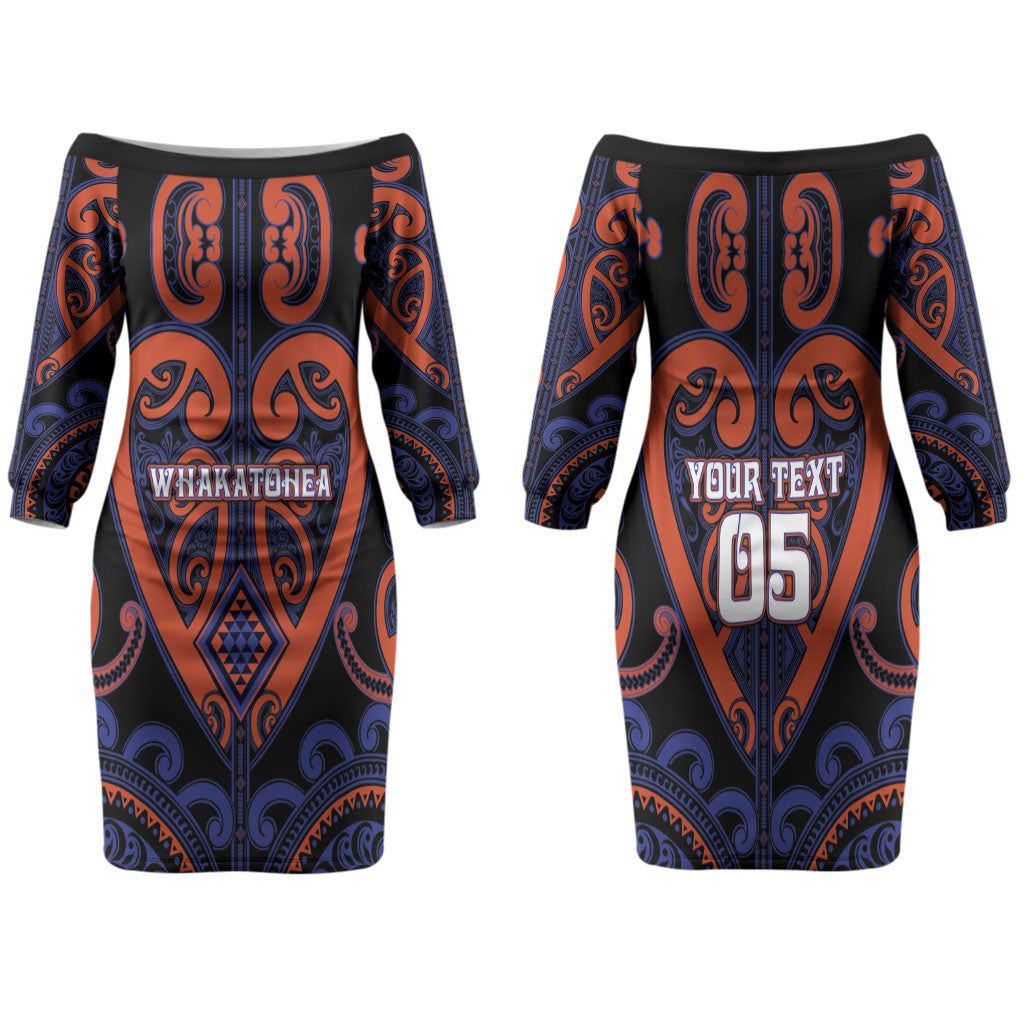Custom Aotearoa Whakatohea Family Matching Off The Shoulder Long Sleeve Dress and Hawaiian Shirt Maori Tribal Pattern LT05 Mom's Dress Navy - Polynesian Pride