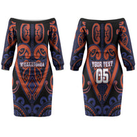 Custom Aotearoa Whakatohea Family Matching Off The Shoulder Long Sleeve Dress and Hawaiian Shirt Maori Tribal Pattern LT05 Mom's Dress Navy - Polynesian Pride