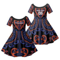 Custom Aotearoa Whakatohea Family Matching Off The Shoulder Long Sleeve Dress and Hawaiian Shirt Maori Tribal Pattern LT05 Daughter's Dress Navy - Polynesian Pride
