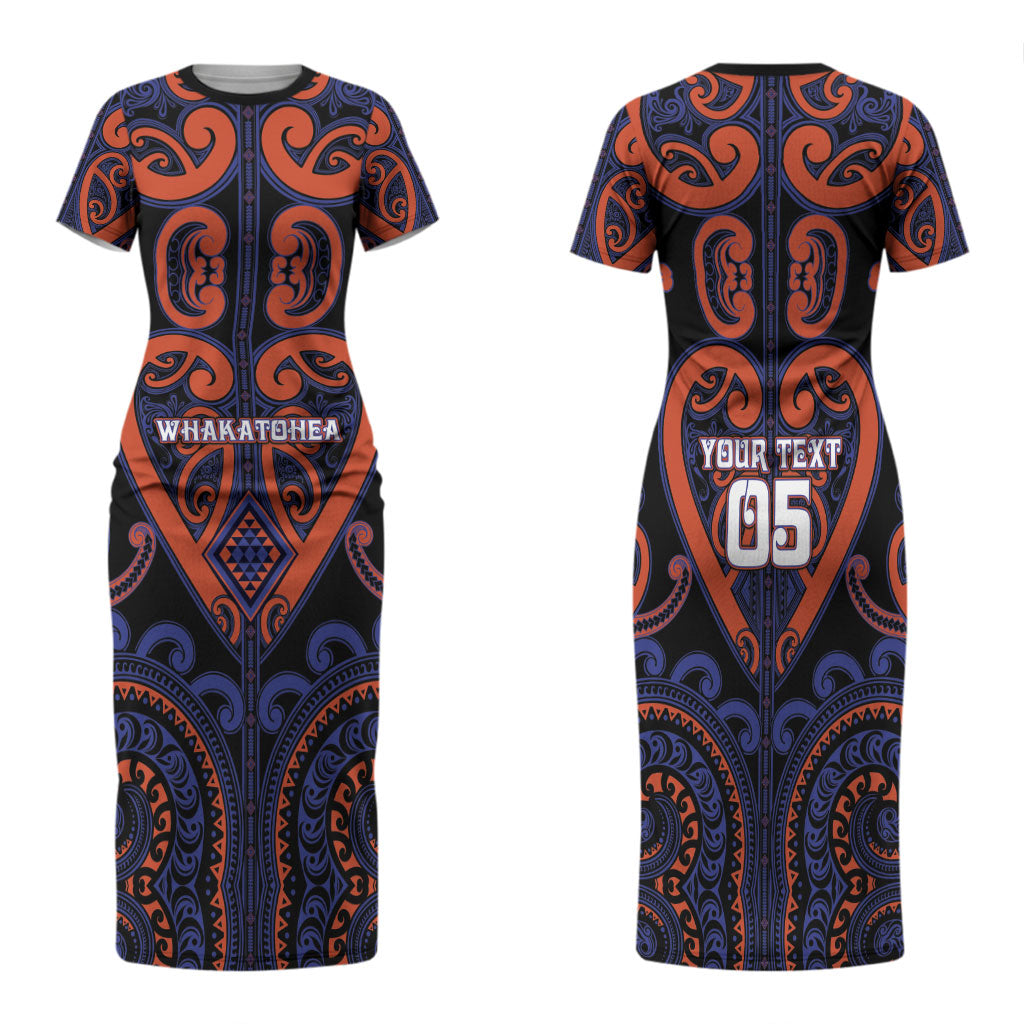 Custom Aotearoa Whakatohea Family Matching Short Sleeve Bodycon Dress and Hawaiian Shirt Maori Tribal Pattern LT05 Mom's Dress Navy - Polynesian Pride