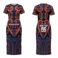 Custom Aotearoa Whakatohea Family Matching Short Sleeve Bodycon Dress and Hawaiian Shirt Maori Tribal Pattern LT05 Mom's Dress Navy - Polynesian Pride