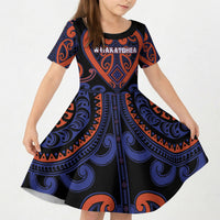 Custom Aotearoa Whakatohea Kid Short Sleeve Dress Maori Tribal Pattern LT05 KID Navy - Polynesian Pride