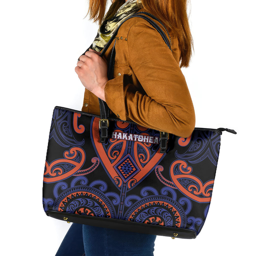 Aotearoa Whakatohea Leather Tote Bag Maori Tribal Pattern LT05 Navy - Polynesian Pride