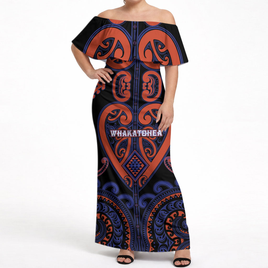 Custom Aotearoa Whakatohea Off Shoulder Maxi Dress Maori Tribal Pattern LT05 Women Navy - Polynesian Pride
