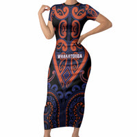 Custom Aotearoa Whakatohea Short Sleeve Bodycon Dress Maori Tribal Pattern LT05 Long Dress Navy - Polynesian Pride