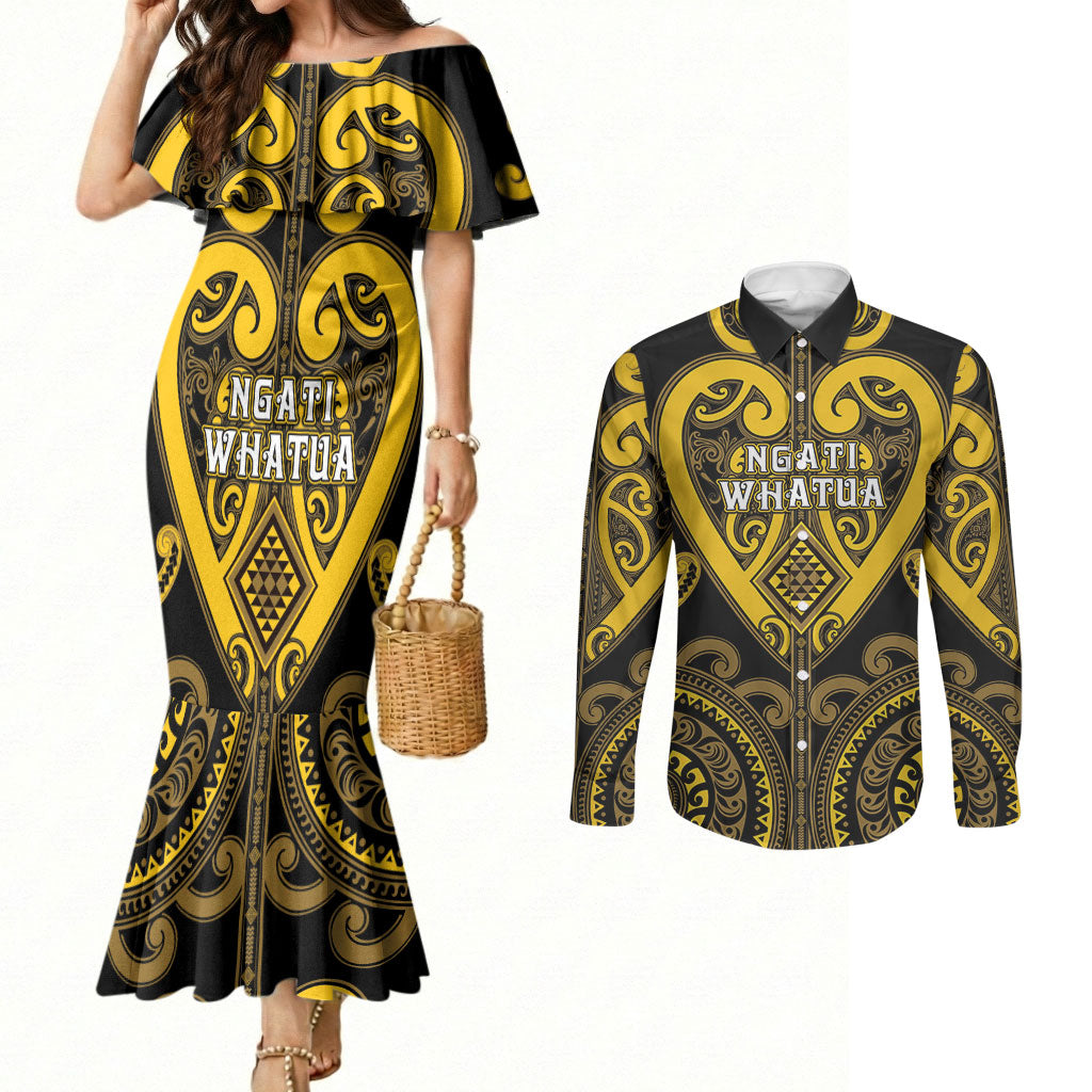 Custom Aotearoa Ngati Whatua Couples Matching Mermaid Dress and Long Sleeve Button Shirt Maori Tribal Pattern LT05 Yellow - Polynesian Pride