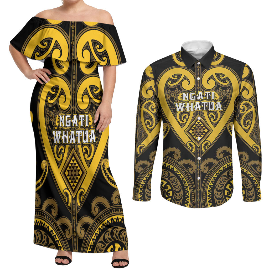 Custom Aotearoa Ngati Whatua Couples Matching Off Shoulder Maxi Dress and Long Sleeve Button Shirt Maori Tribal Pattern LT05 Yellow - Polynesian Pride