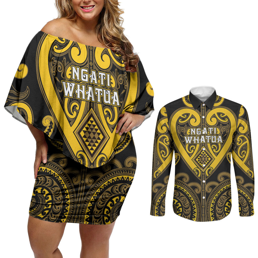 Custom Aotearoa Ngati Whatua Couples Matching Off Shoulder Short Dress and Long Sleeve Button Shirt Maori Tribal Pattern LT05 Yellow - Polynesian Pride