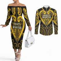 Custom Aotearoa Ngati Whatua Couples Matching Off The Shoulder Long Sleeve Dress and Long Sleeve Button Shirt Maori Tribal Pattern LT05 Yellow - Polynesian Pride