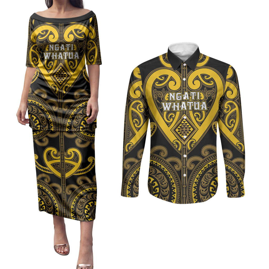 Custom Aotearoa Ngati Whatua Couples Matching Puletasi and Long Sleeve Button Shirt Maori Tribal Pattern LT05 Yellow - Polynesian Pride