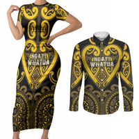 Custom Aotearoa Ngati Whatua Couples Matching Short Sleeve Bodycon Dress and Long Sleeve Button Shirt Maori Tribal Pattern LT05 Yellow - Polynesian Pride