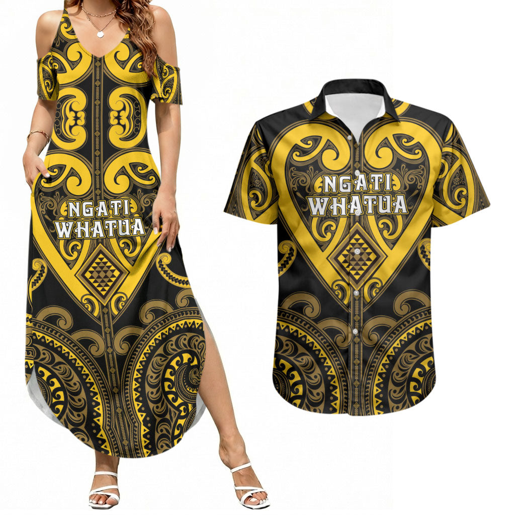 Custom Aotearoa Ngati Whatua Couples Matching Summer Maxi Dress and Hawaiian Shirt Maori Tribal Pattern LT05 Yellow - Polynesian Pride