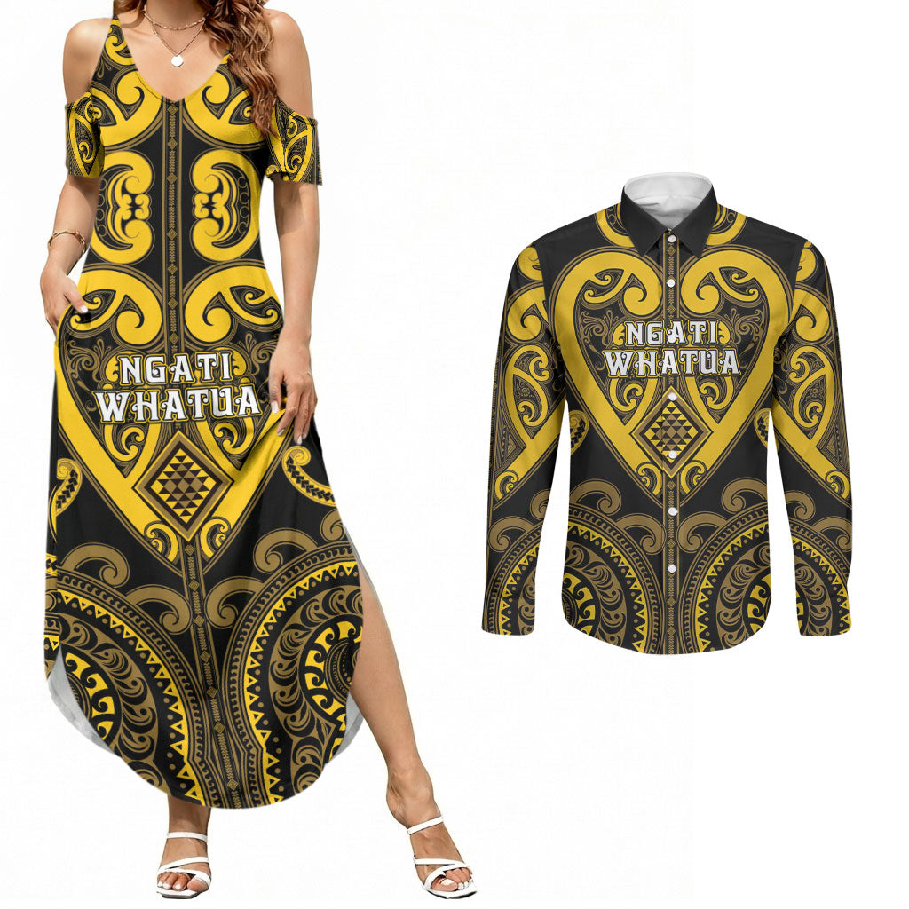 Custom Aotearoa Ngati Whatua Couples Matching Summer Maxi Dress and Long Sleeve Button Shirt Maori Tribal Pattern LT05 Yellow - Polynesian Pride