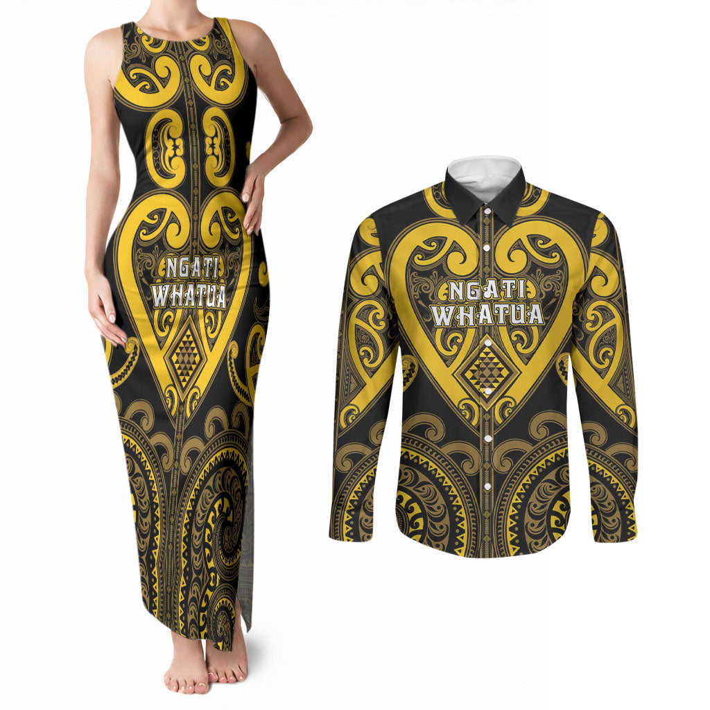 Custom Aotearoa Ngati Whatua Couples Matching Tank Maxi Dress and Long Sleeve Button Shirt Maori Tribal Pattern LT05 Yellow - Polynesian Pride