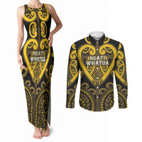 Custom Aotearoa Ngati Whatua Couples Matching Tank Maxi Dress and Long Sleeve Button Shirt Maori Tribal Pattern LT05 Yellow - Polynesian Pride