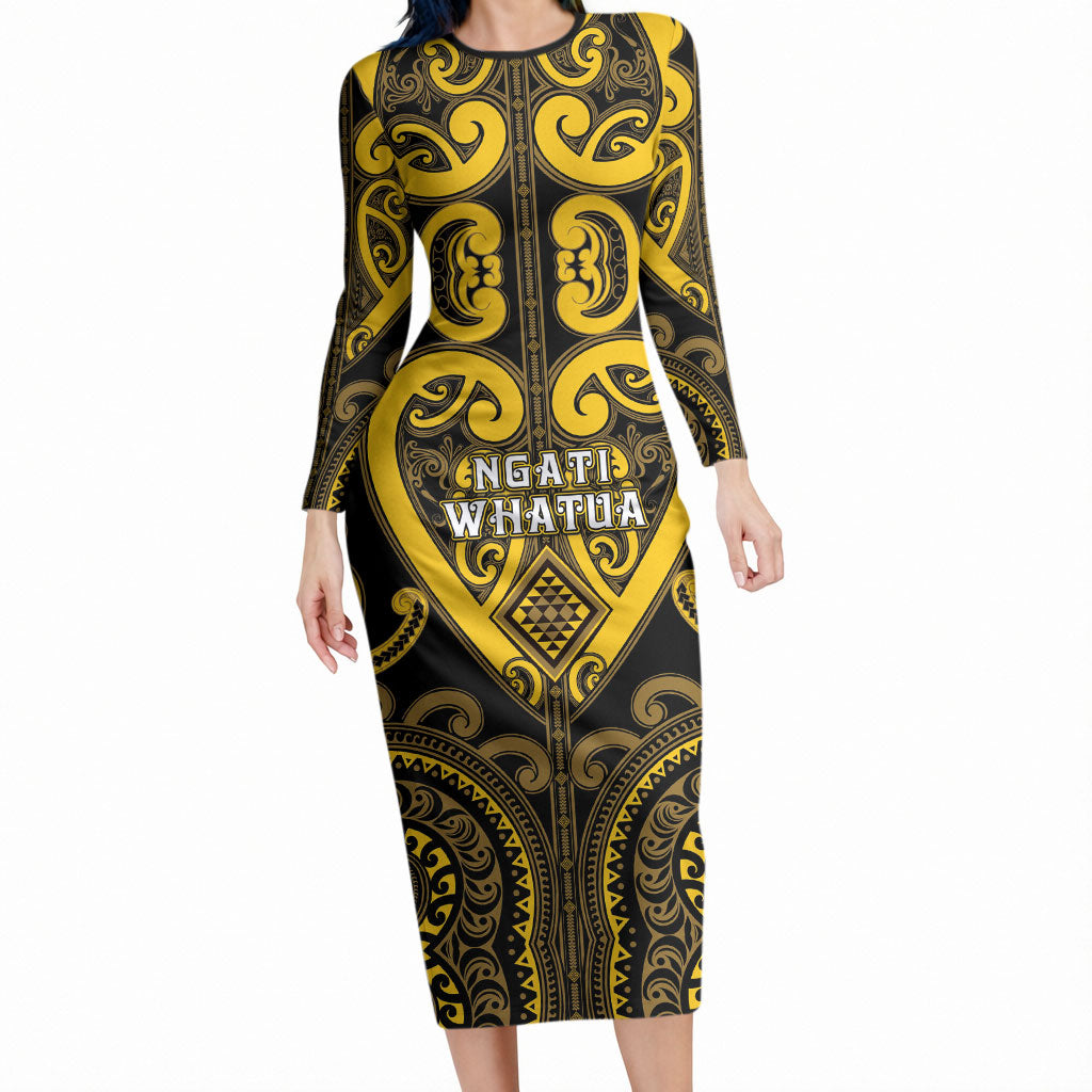Custom Aotearoa Ngati Whatua Long Sleeve Bodycon Dress Maori Tribal Pattern LT05 Long Dress Yellow - Polynesian Pride