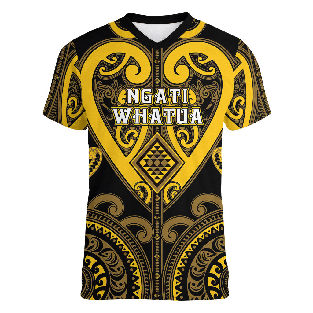 Custom Aotearoa Ngati Whatua Women V-Neck T-Shirt Maori Tribal Pattern LT05 Female Yellow - Polynesian Pride