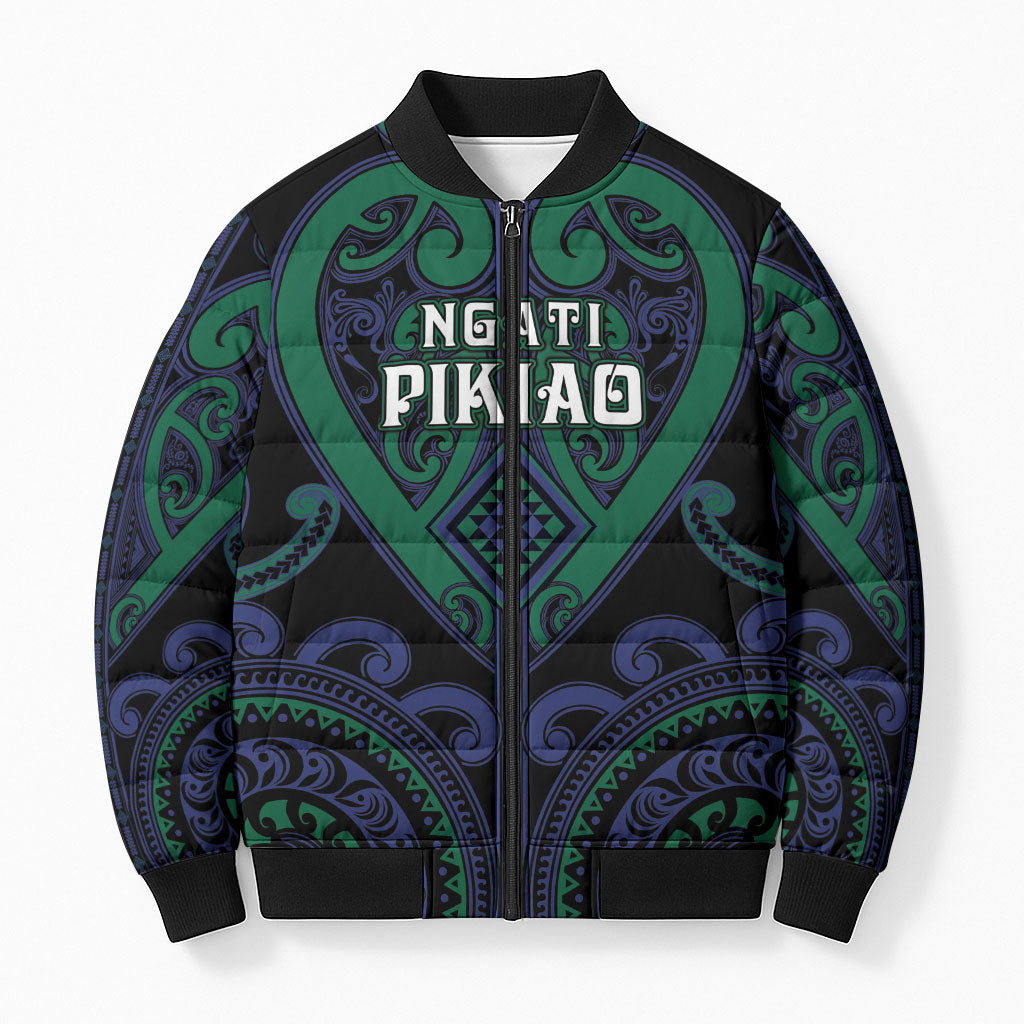 Custom Aotearoa Ngati Pikiao Bomber Puffer Jacket Maori Tribal Pattern LT05 Unisex Green - Polynesian Pride