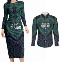 Custom Aotearoa Ngati Pikiao Couples Matching Long Sleeve Bodycon Dress and Long Sleeve Button Shirt Maori Tribal Pattern LT05 Green - Polynesian Pride