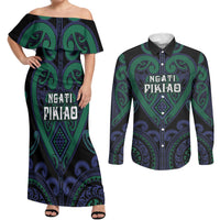 Custom Aotearoa Ngati Pikiao Couples Matching Off Shoulder Maxi Dress and Long Sleeve Button Shirt Maori Tribal Pattern LT05 Green - Polynesian Pride