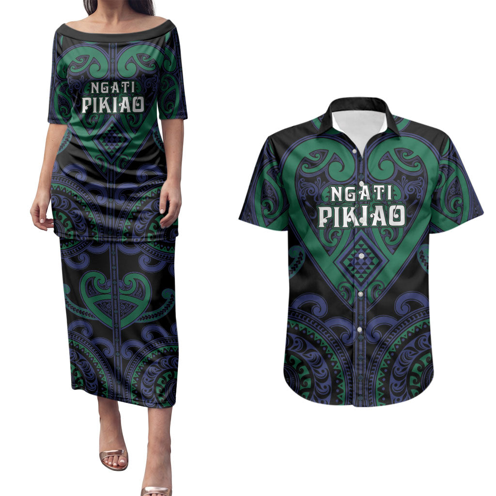 Custom Aotearoa Ngati Pikiao Couples Matching Puletasi and Hawaiian Shirt Maori Tribal Pattern LT05 Green - Polynesian Pride