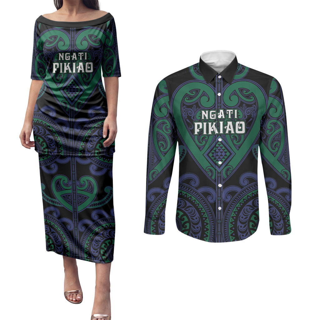Custom Aotearoa Ngati Pikiao Couples Matching Puletasi and Long Sleeve Button Shirt Maori Tribal Pattern LT05 Green - Polynesian Pride