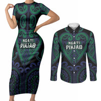 Custom Aotearoa Ngati Pikiao Couples Matching Short Sleeve Bodycon Dress and Long Sleeve Button Shirt Maori Tribal Pattern LT05 Green - Polynesian Pride