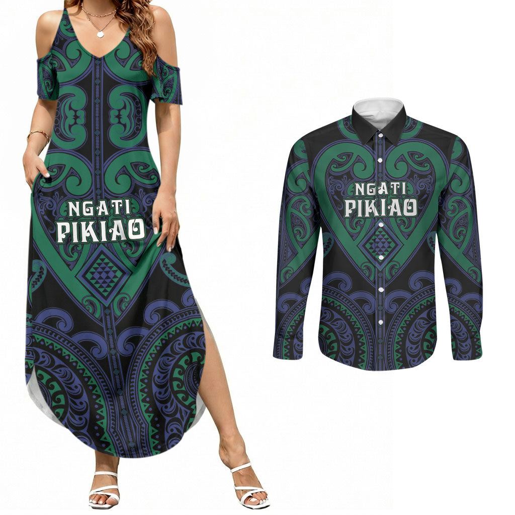 Custom Aotearoa Ngati Pikiao Couples Matching Summer Maxi Dress and Long Sleeve Button Shirt Maori Tribal Pattern LT05 Green - Polynesian Pride