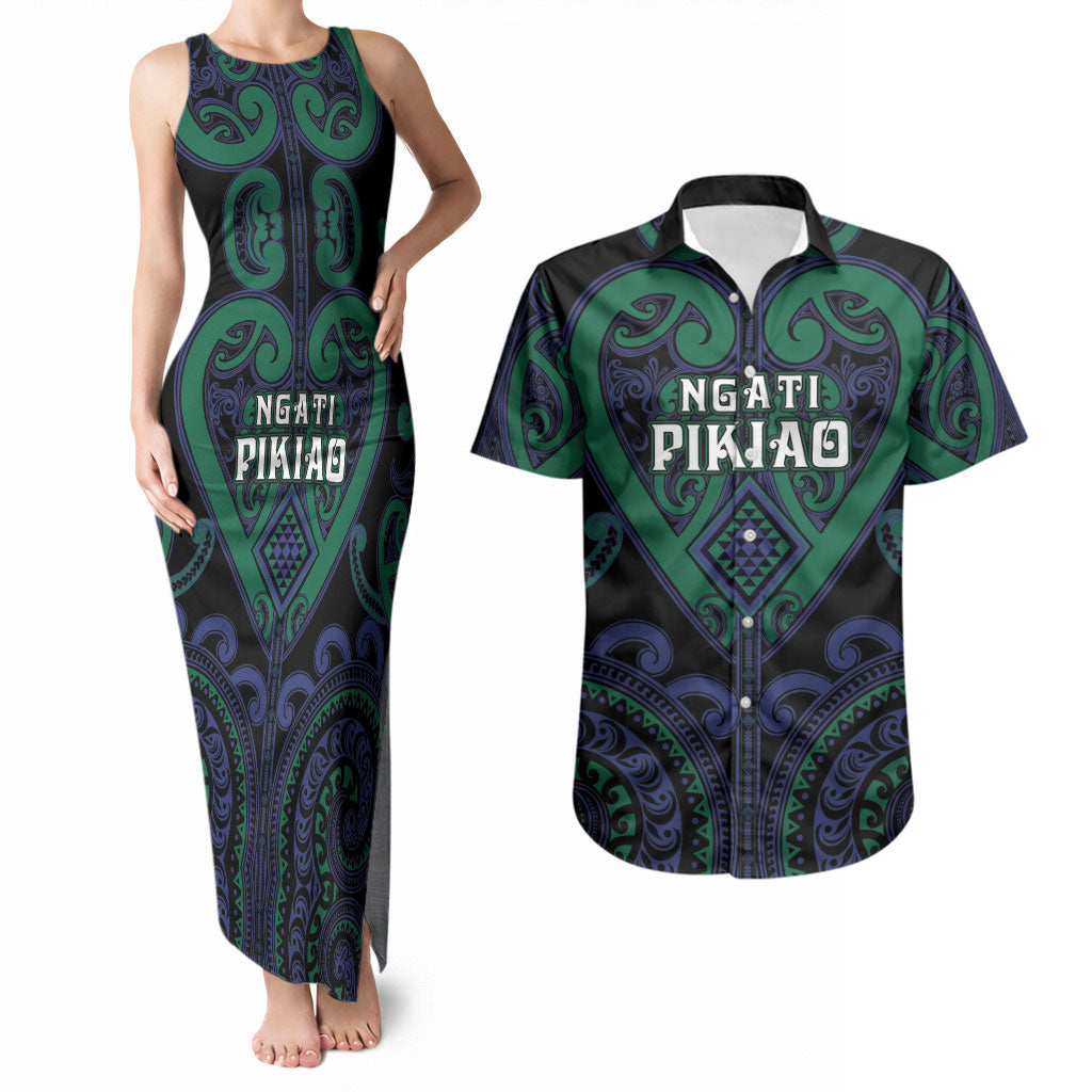 Custom Aotearoa Ngati Pikiao Couples Matching Tank Maxi Dress and Hawaiian Shirt Maori Tribal Pattern LT05 Green - Polynesian Pride