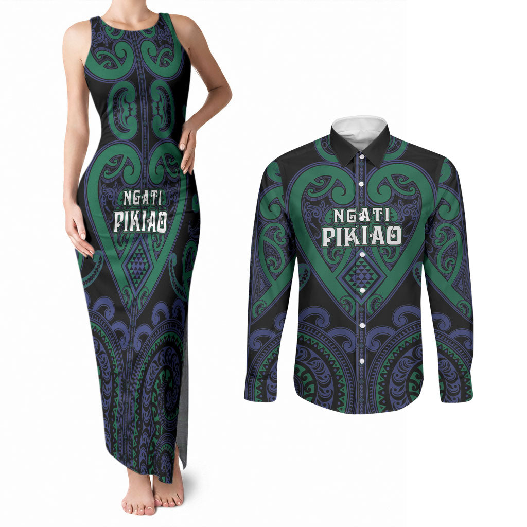 Custom Aotearoa Ngati Pikiao Couples Matching Tank Maxi Dress and Long Sleeve Button Shirt Maori Tribal Pattern LT05 Green - Polynesian Pride