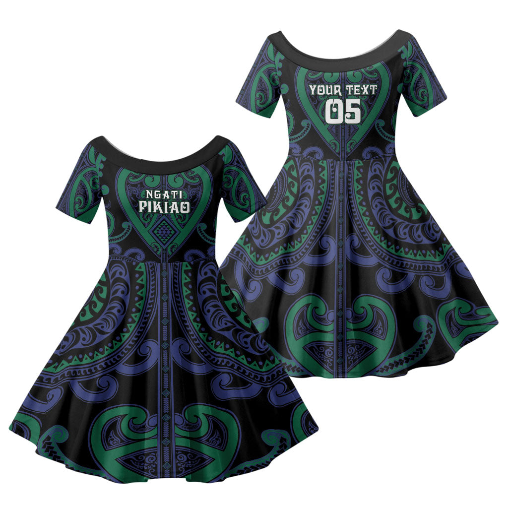 Custom Aotearoa Ngati Pikiao Family Matching Off Shoulder Short Dress and Hawaiian Shirt Maori Tribal Pattern LT05 Daughter's Dress Green - Polynesian Pride