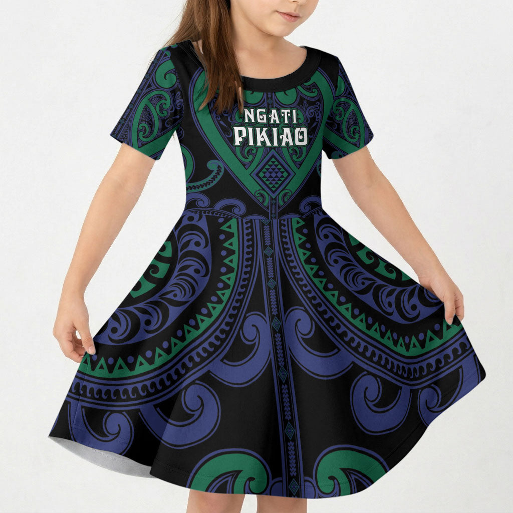 Custom Aotearoa Ngati Pikiao Kid Short Sleeve Dress Maori Tribal Pattern LT05 KID Green - Polynesian Pride