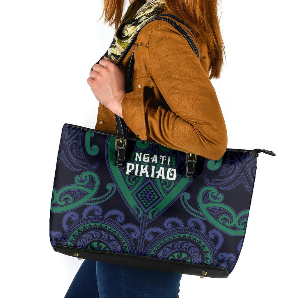 Aotearoa Ngati Pikiao Leather Tote Bag Maori Tribal Pattern LT05 Green - Polynesian Pride