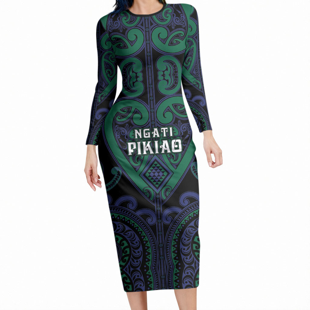 Custom Aotearoa Ngati Pikiao Long Sleeve Bodycon Dress Maori Tribal Pattern LT05 Long Dress Green - Polynesian Pride