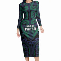 Custom Aotearoa Ngati Pikiao Long Sleeve Bodycon Dress Maori Tribal Pattern LT05 Long Dress Green - Polynesian Pride