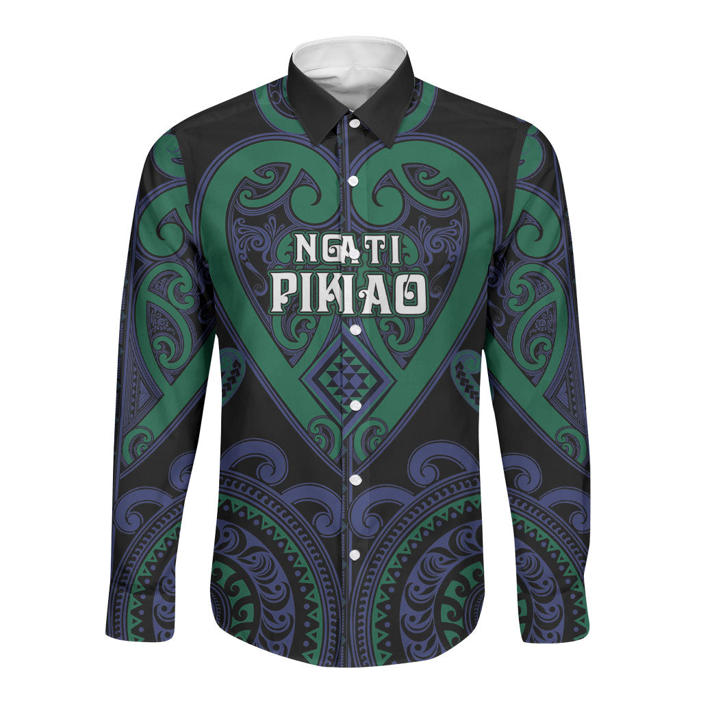 Custom Aotearoa Ngati Pikiao Long Sleeve Button Shirt Maori Tribal Pattern LT05 Unisex Green - Polynesian Pride