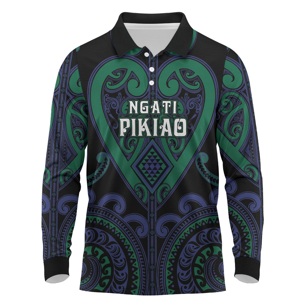 Custom Aotearoa Ngati Pikiao Long Sleeve Polo Shirt Maori Tribal Pattern LT05 Green - Polynesian Pride