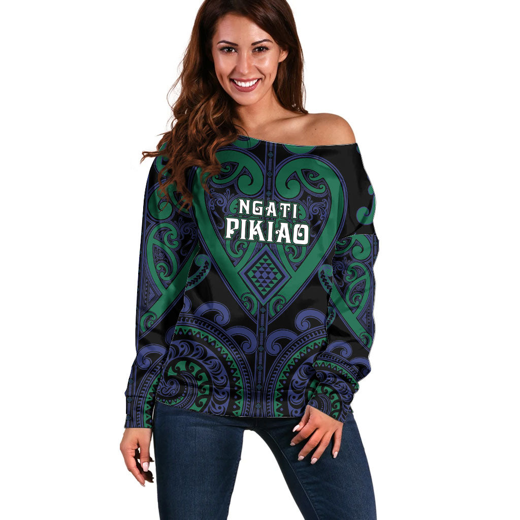 Custom Aotearoa Ngati Pikiao Off Shoulder Sweater Maori Tribal Pattern LT05 Women Green - Polynesian Pride