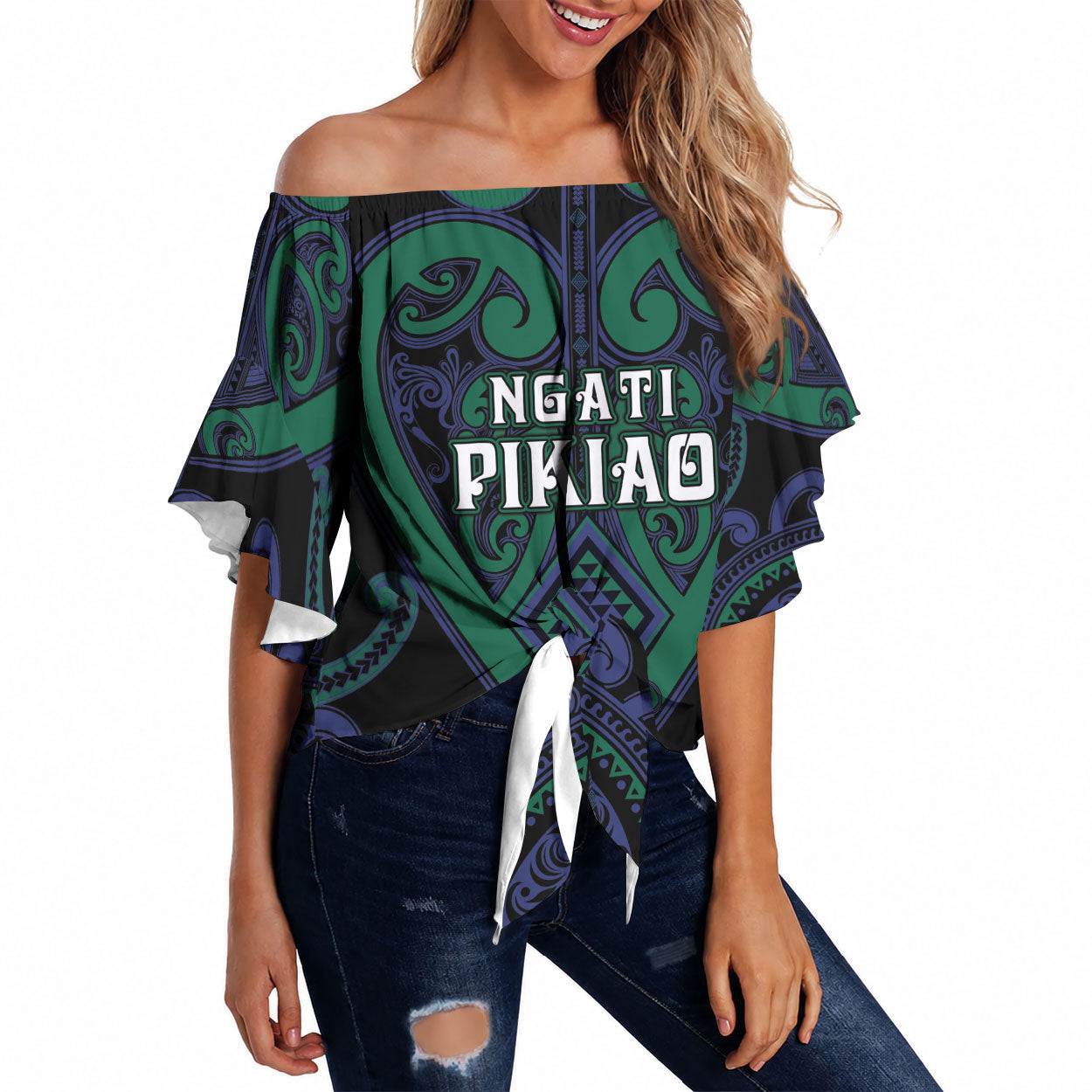 Custom Aotearoa Ngati Pikiao Off Shoulder Wrap Waist Top Maori Tribal Pattern LT05 Green - Polynesian Pride