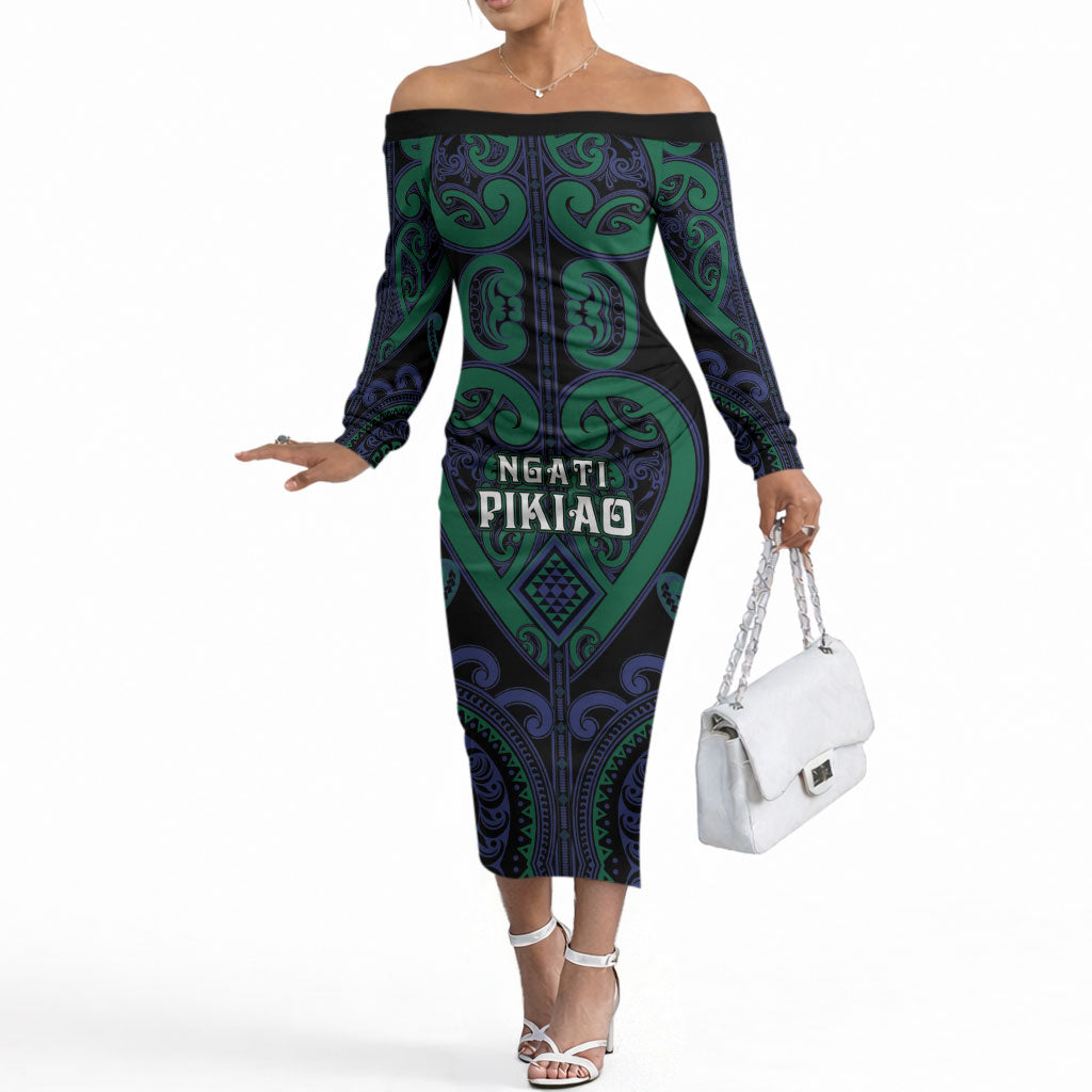 Custom Aotearoa Ngati Pikiao Off The Shoulder Long Sleeve Dress Maori Tribal Pattern LT05 Women Green - Polynesian Pride