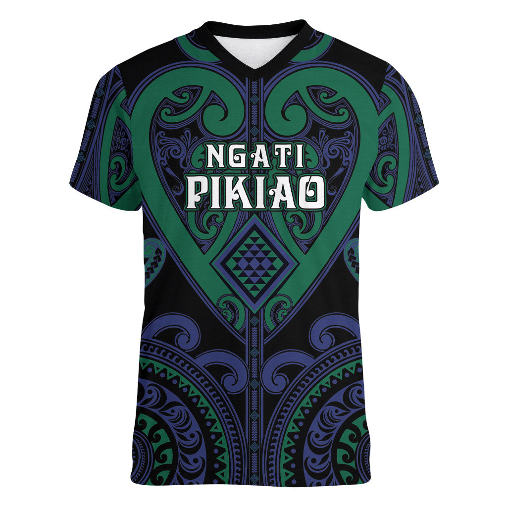 Custom Aotearoa Ngati Pikiao Women V-Neck T-Shirt Maori Tribal Pattern LT05 Female Green - Polynesian Pride