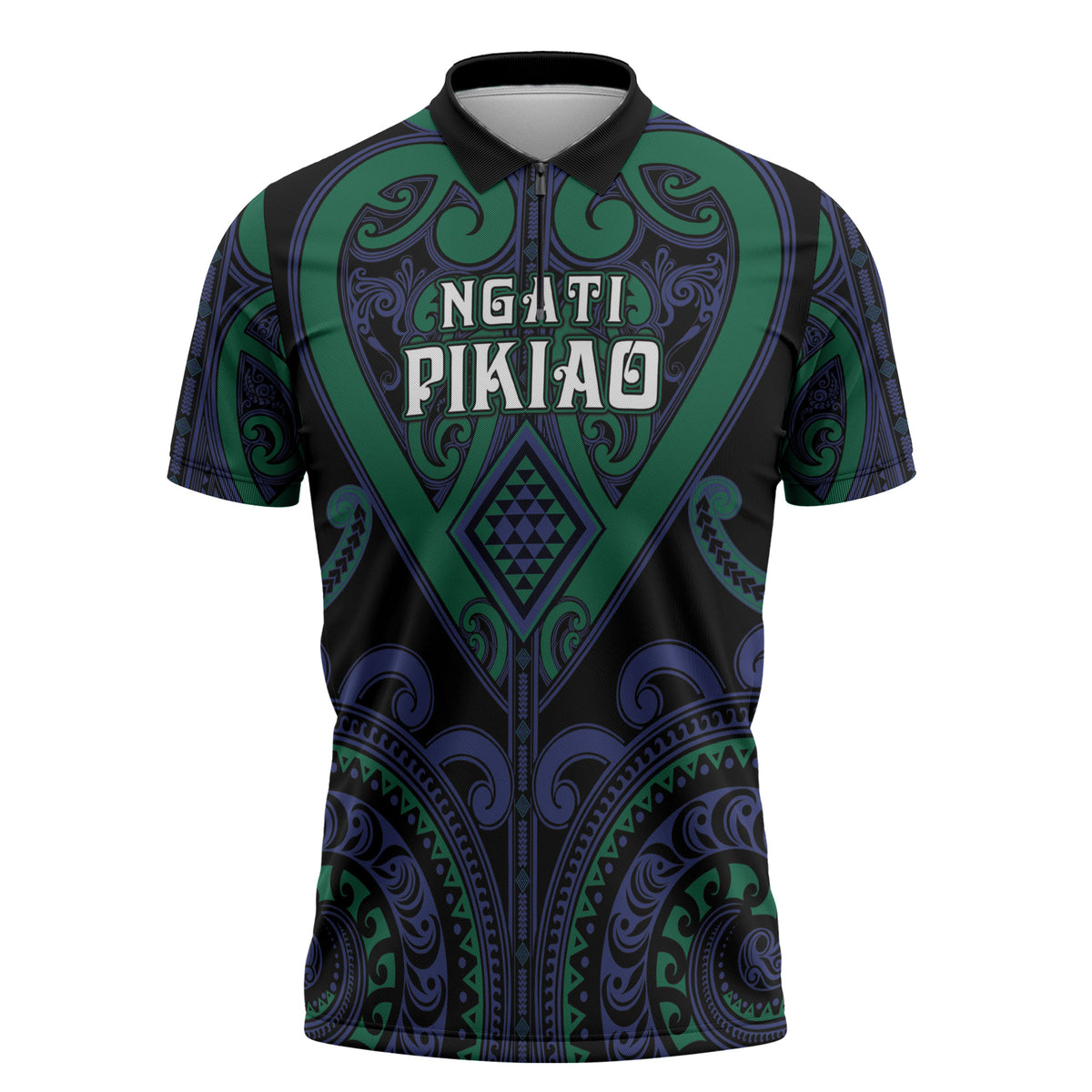 Custom Aotearoa Ngati Pikiao Zipper Polo Shirt Maori Tribal Pattern LT05 Green - Polynesian Pride
