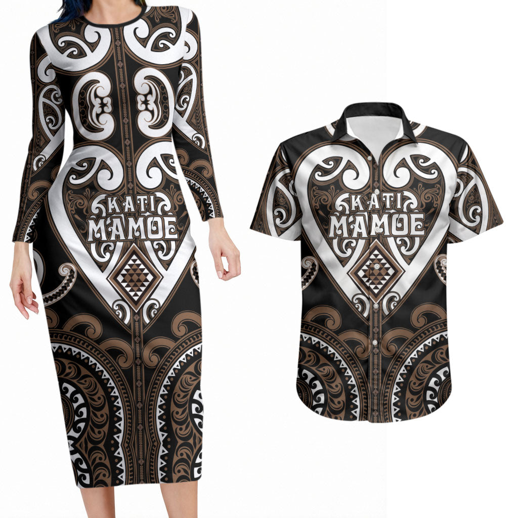 Custom Aotearoa Kati Mamoe Couples Matching Long Sleeve Bodycon Dress and Hawaiian Shirt Maori Tribal Pattern LT05 Brown - Polynesian Pride