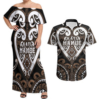 Custom Aotearoa Kati Mamoe Couples Matching Off Shoulder Maxi Dress and Hawaiian Shirt Maori Tribal Pattern LT05 Brown - Polynesian Pride