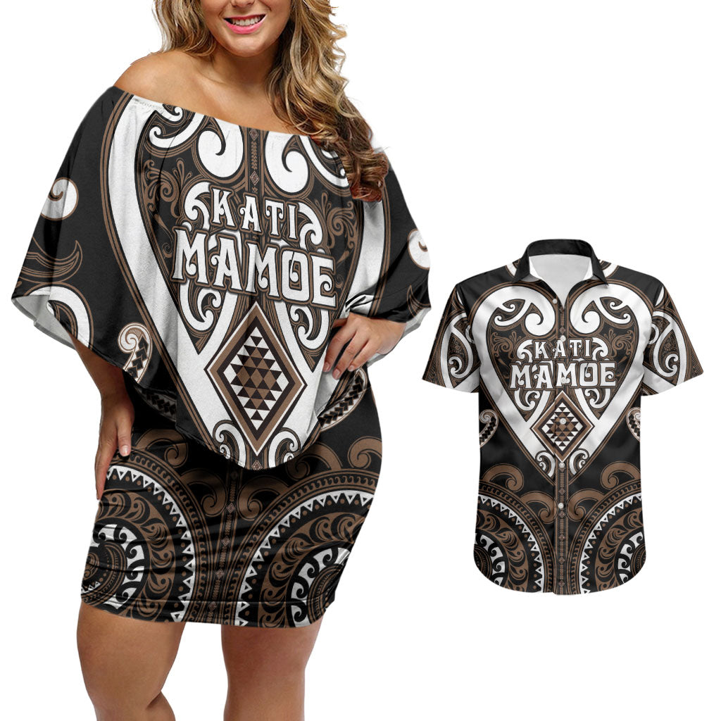 Custom Aotearoa Kati Mamoe Couples Matching Off Shoulder Short Dress and Hawaiian Shirt Maori Tribal Pattern LT05 Brown - Polynesian Pride