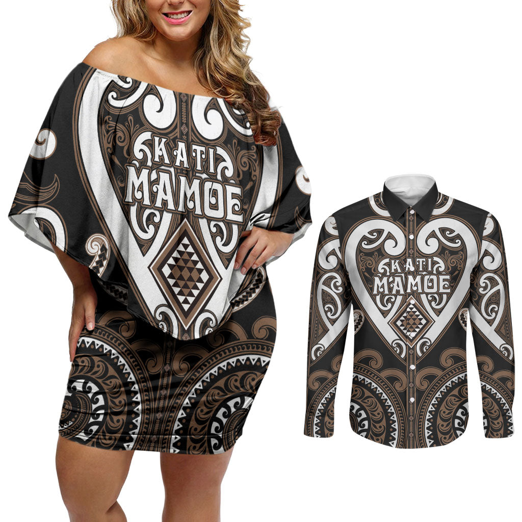 Custom Aotearoa Kati Mamoe Couples Matching Off Shoulder Short Dress and Long Sleeve Button Shirt Maori Tribal Pattern LT05 Brown - Polynesian Pride