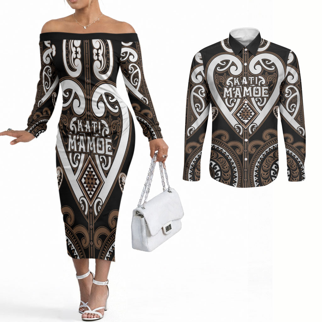 Custom Aotearoa Kati Mamoe Couples Matching Off The Shoulder Long Sleeve Dress and Long Sleeve Button Shirt Maori Tribal Pattern LT05 Brown - Polynesian Pride