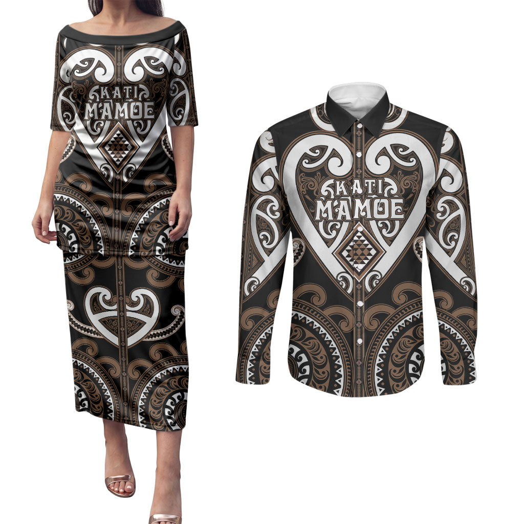 Custom Aotearoa Kati Mamoe Couples Matching Puletasi and Long Sleeve Button Shirt Maori Tribal Pattern LT05 Brown - Polynesian Pride
